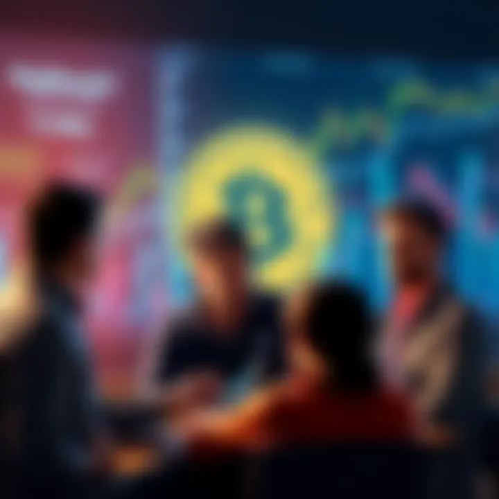A group of people engaging in a discussion about Bitcoin with charts and graphs in the background.