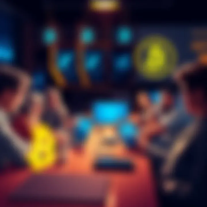 A group of people engaged in a lively Bitcoin discussion with laptops and smartphones around a table.