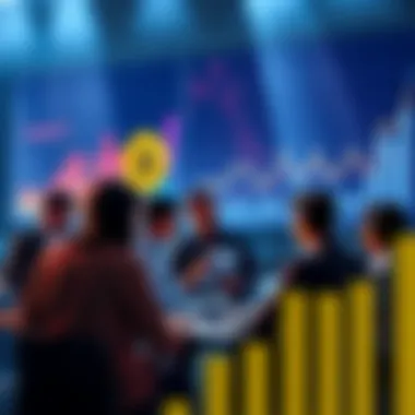 A group of people discussing Bitcoin's value, with charts and graphs in the background.