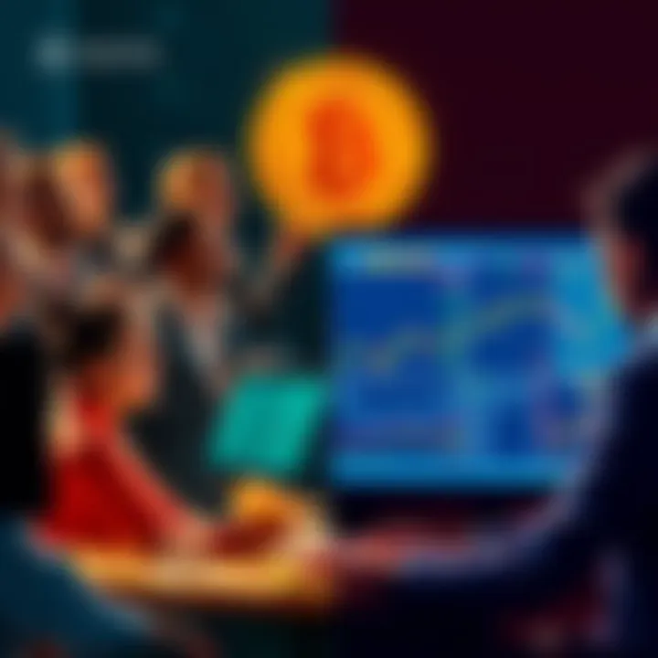 Bitcoin Discussion Comparison A split image showing a group of people passionately discussing Bitcoin on one side, contrasted with a person analyzing financial data on a computer on the other side.