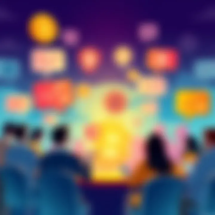 An illustration showing people engaging in a lively discussion about Bitcoin with speech bubbles and charts in the background.