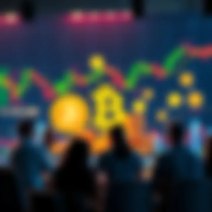 People engaging in a discussion about Bitcoin with charts and coins in the background.