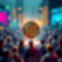 A vibrant graphic depicting people discussing Bitcoin, with a digital coin in the center