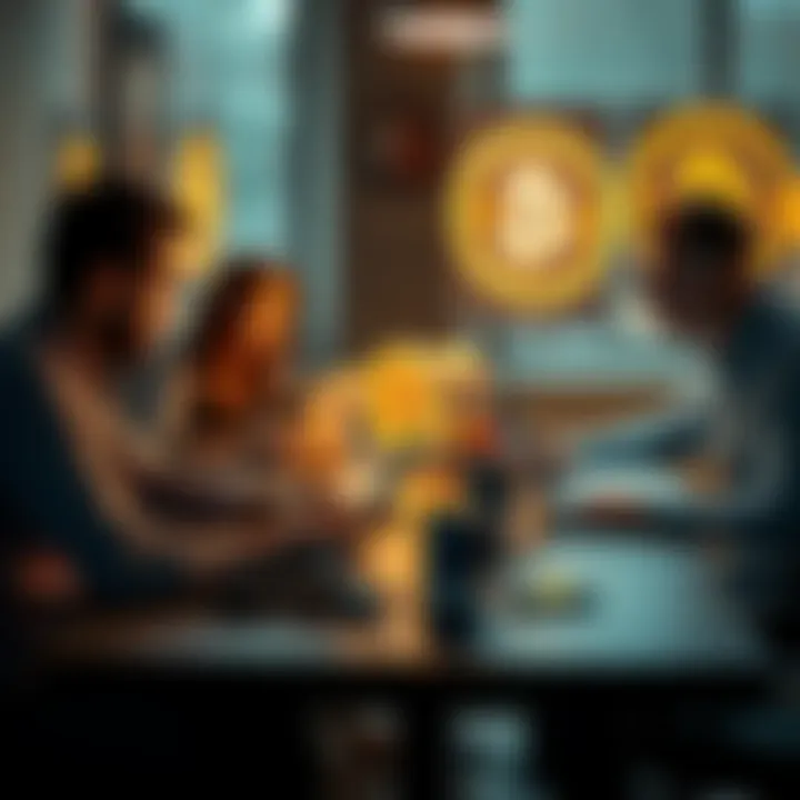 A group of people engaging in discussion about Bitcoin with laptops and notes on a table