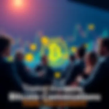 People engaging in a conversation about Bitcoin with charts and coins in the background