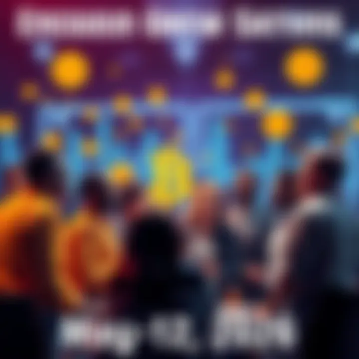 A group of diverse people engaged in a lively conversation about Bitcoin, sharing ideas and asking questions, with cryptocurrency symbols in the background.