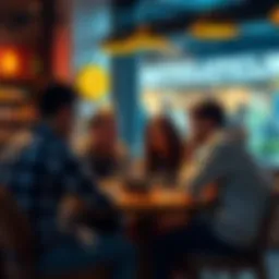 A group of people discussing Bitcoin in a coffee shop, focused on recent trends and concerns