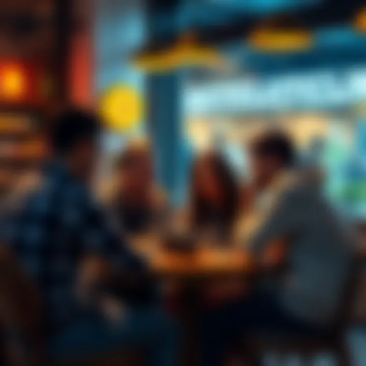 A group of people discussing Bitcoin in a coffee shop, focused on recent trends and concerns