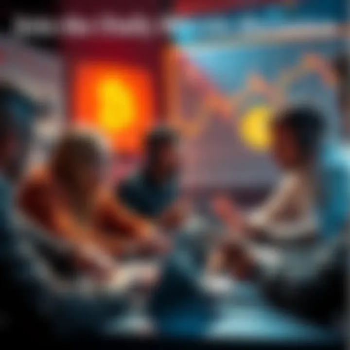 People engaged in a lively discussion about Bitcoin with charts and laptops around them.