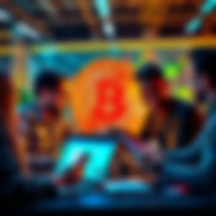 Bitcoin Discussion Thread People engaging in a lively discussion about Bitcoin with laptops and smartphones.
