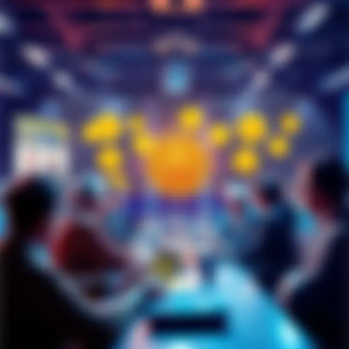 A vibrant online forum scene with people sharing Bitcoin insights and questions, focusing on digital currency trends.