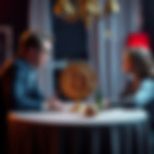 A couple sitting at a table with a Bitcoin symbol between them, looking concerned about their assets during a divorce discussion.