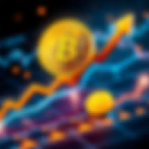 Graph showing Bitcoin's rise to $150 and Dogecoin's increase to $1.50 with upward arrows and currency symbols.