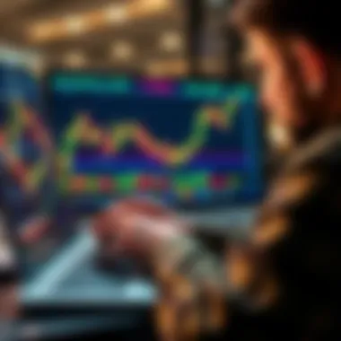 A person analyzing Bitcoin prices on a laptop, planning a dollar cost averaging strategy, with a chart showing price fluctuations in the background.