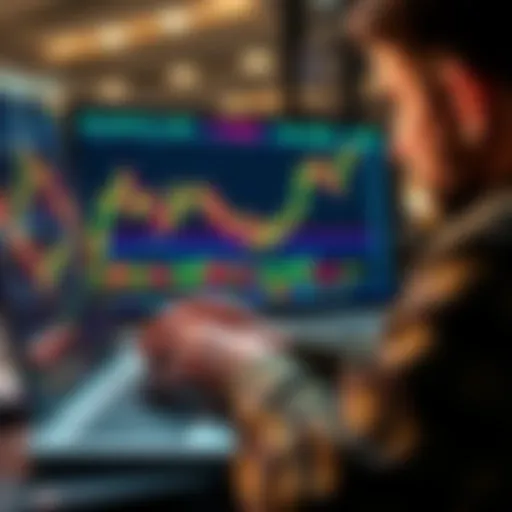 A person analyzing Bitcoin prices on a laptop, planning a dollar cost averaging strategy, with a chart showing price fluctuations in the background.