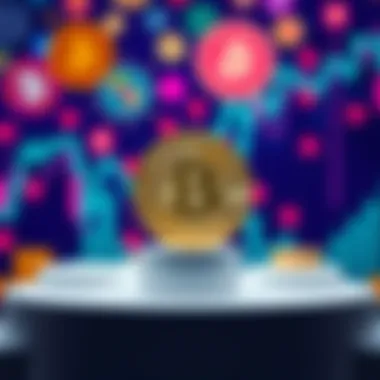 A Bitcoin symbol prominently displayed on a podium, with various new cryptocurrency coins blurred in the background, highlighting Bitcoin's dominance in the market.