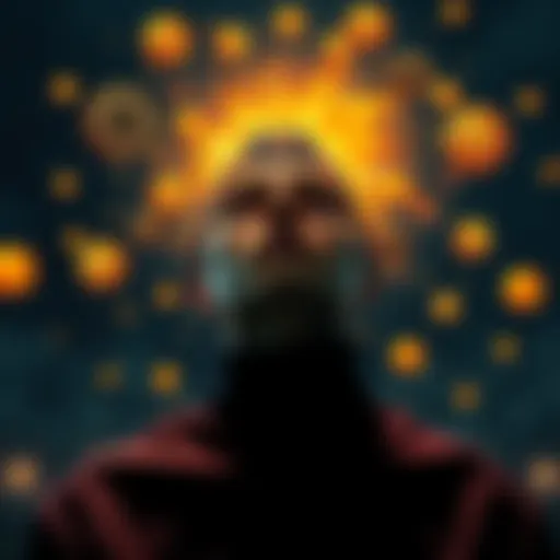 Bitcoin Dream Prediction A person dreaming about Bitcoin reaching a new high, with cryptocurrency symbols around them.