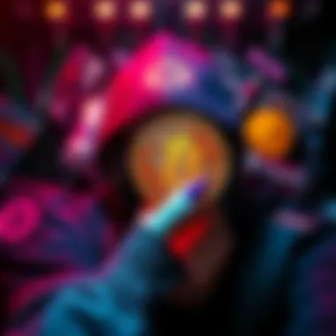 A person holding Bitcoin symbols with drugs like LSD and Ecstasy in the background, reflecting on past investments