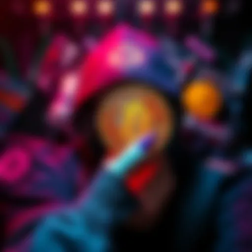 A person holding Bitcoin symbols with drugs like LSD and Ecstasy in the background, reflecting on past investments