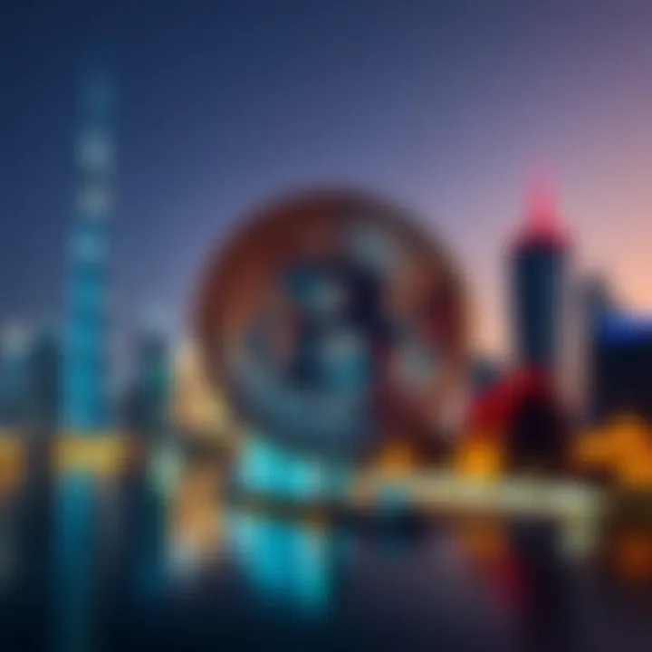 A Bitcoin symbol in front of the Dubai skyline, representing the strength of cryptocurrency as the stock market closes.