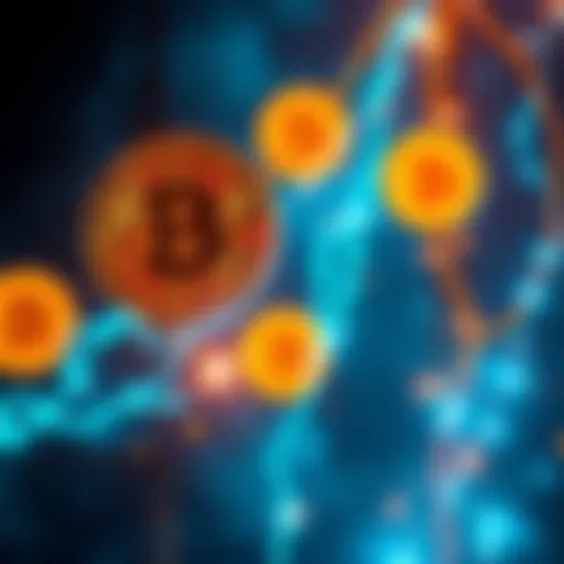 A graphic showing Bitcoin symbols with electrical power lines and energy sparks, illustrating the concept of generating electricity through cryptocurrency algorithms.