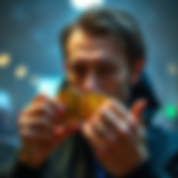 A person holding Bitcoin coins with a determined look, symbolizing anti-fiat beliefs and the desire for economic change.