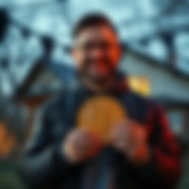 A happy bitcoin investor holding a bitcoin symbol with a family home image in the background, representing newfound wealth from an inheritance.