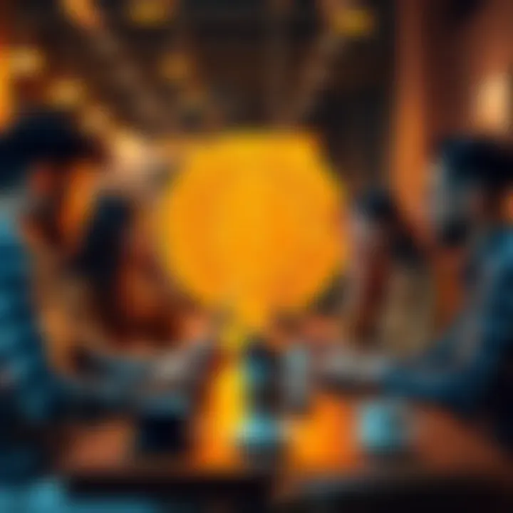 A group of Bitcoin enthusiasts discussing cryptocurrency in a modern cafe, with laptops and coffee cups on the table.