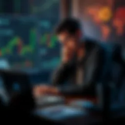 A person sits at a desk with a laptop, looking stressed while examining Bitcoin charts and graphs, symbolizing the struggles with cryptocurrency investments.