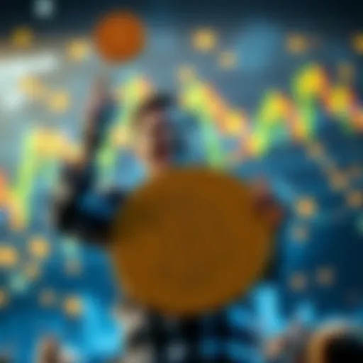 A happy person holding a Bitcoin sign, celebrating their achievement of owning 21 BTC, with a backdrop of cryptocurrency charts and coins.