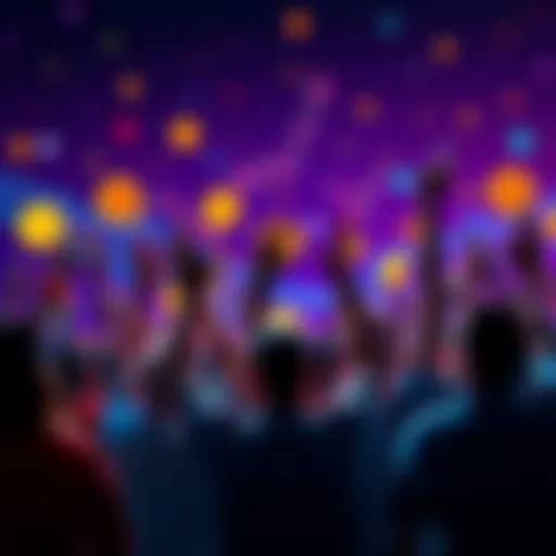 A group of people celebrating with Bitcoin symbols and charts in the background.