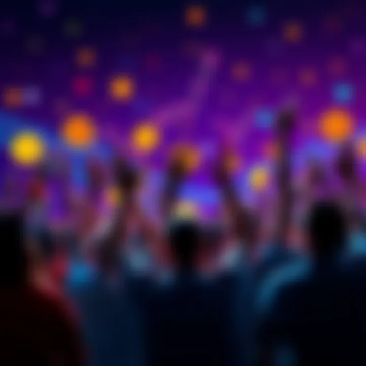 A group of people celebrating with Bitcoin symbols and charts in the background.