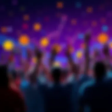 Bitcoin Enthusiasts Celebrating A group of people celebrating with Bitcoin symbols and charts in the background.