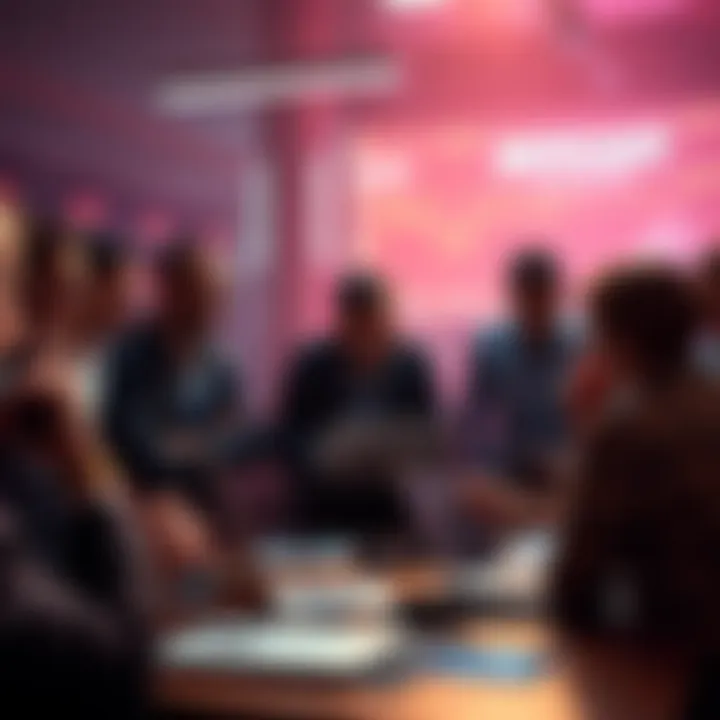 A group of people discussing Bitcoin updates with laptops and charts around them.