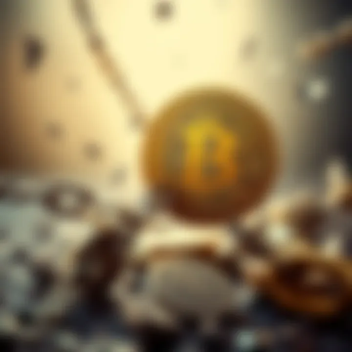 Visual representation of Bitcoin and Esperanto symbols against a backdrop of shattered dreams