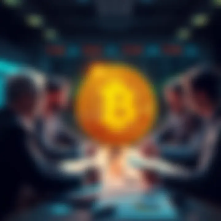 A group of financial analysts discussing Bitcoin ETF mechanics with charts and graphs on the table