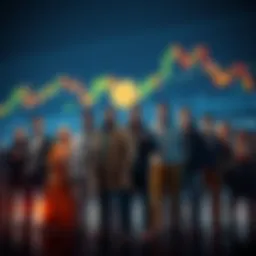 A group of diverse people standing firm with Bitcoin ETF charts in the background during a market decline, showing determination.