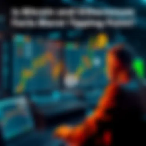 A graph showing Bitcoin and Ethereum price drops with worried investors analyzing the data on screens.
