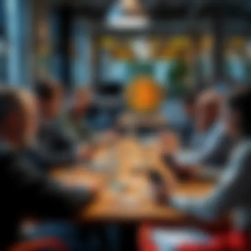 A group of people discussing Bitcoin transactions in an informal setting, with cash and smartphones on the table.