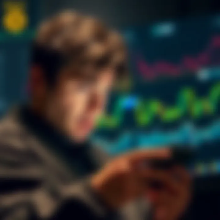 A person looking worried while checking Bitcoin prices on their phone, surrounded by charts and graphs showing market trends, reflecting anxiety about missing out on investments.