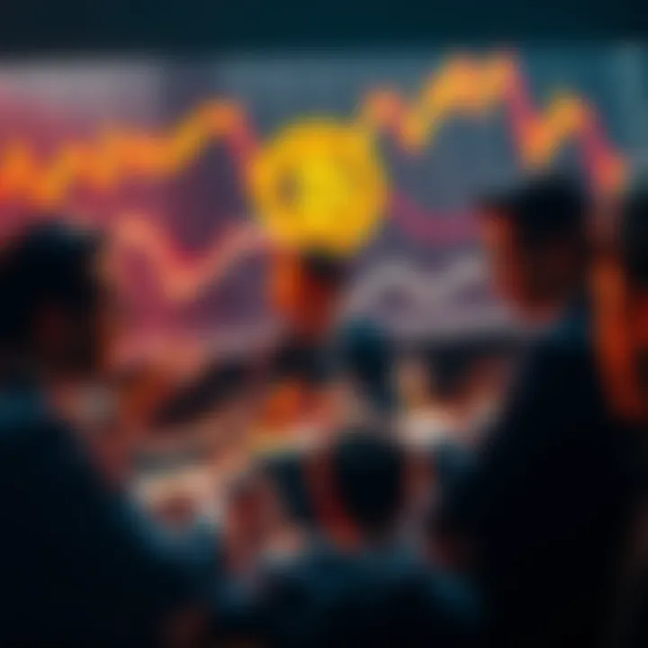 People debating Bitcoin transaction fees with charts and graphs in the background