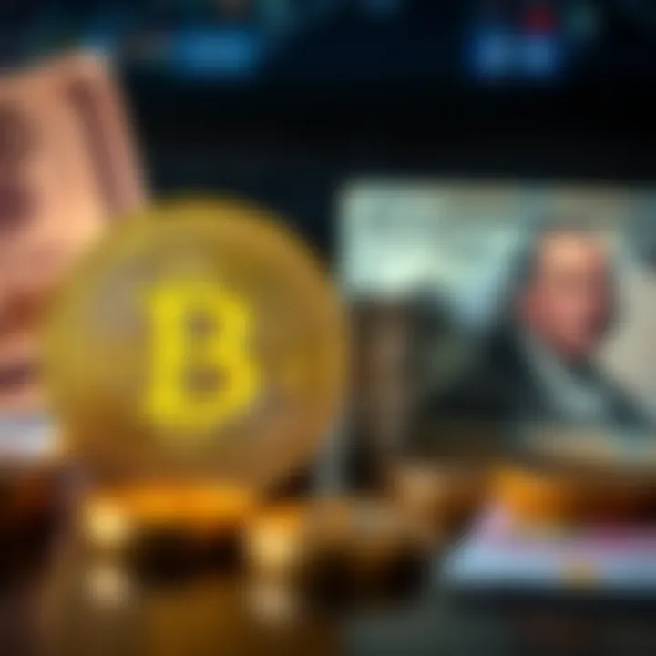 A visual comparison of Bitcoin coins next to traditional fiat currency bills, symbolizing the relationship between the two forms of money.