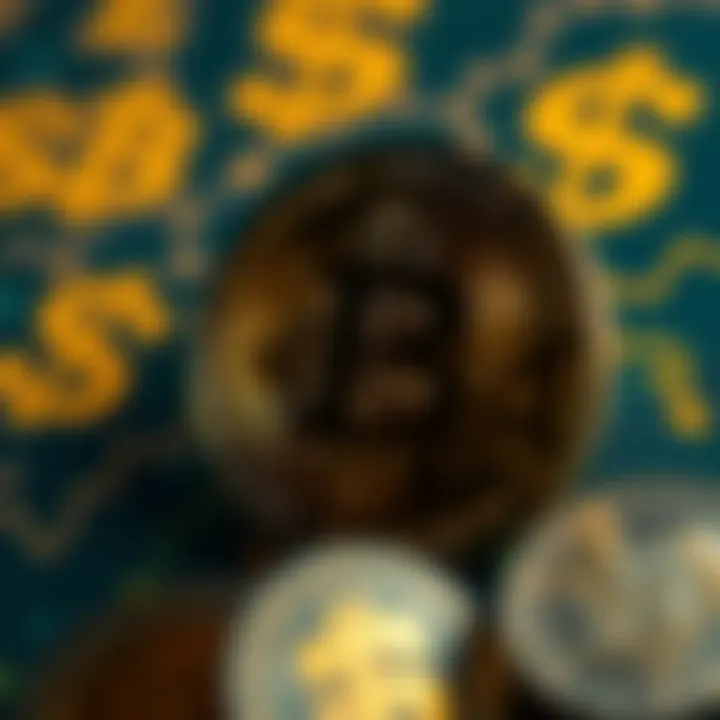 A close-up of a Bitcoin symbol with a backdrop of traditional financial symbols like a dollar sign, illustrating the contrast between Bitcoin and traditional currency systems.