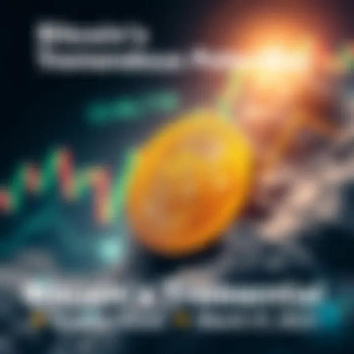 A visual representation of Bitcoin's impact on global finance, featuring a digital coin and financial graphs.