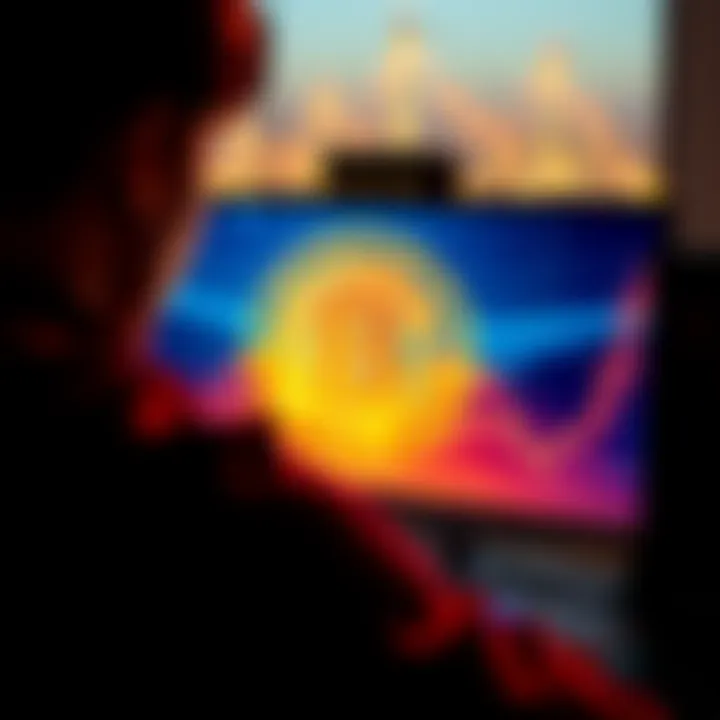 A person looking at a computer screen displaying the Bitcoin logo with a hopeful expression, symbolizing dreams of financial independence through cryptocurrency.