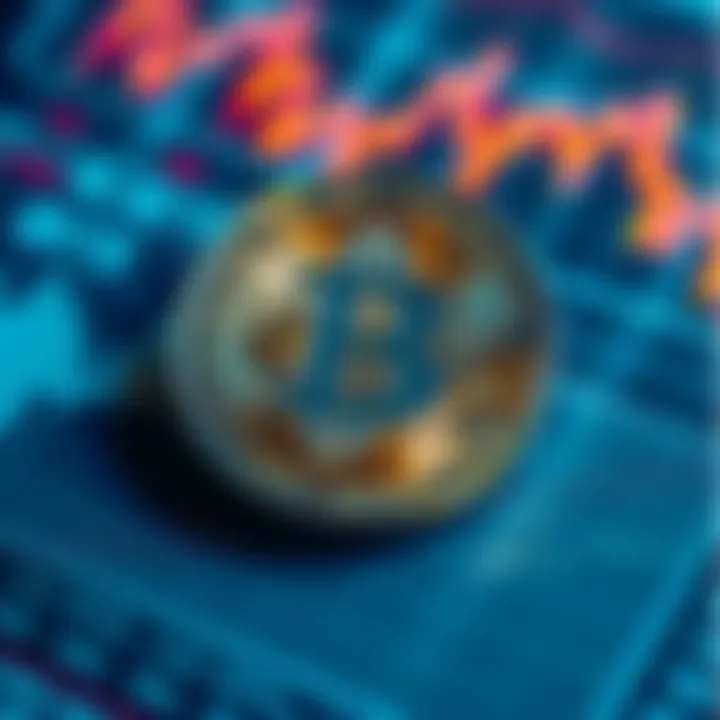 A shiny Bitcoin coin placed on financial graphs showing trends and fluctuations, symbolizing the debate on Bitcoin's true backing in financial products.