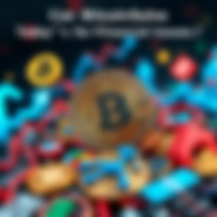 A Bitcoin symbol surrounded by various financial icons representing money and banking, showing its potential impact on finances.