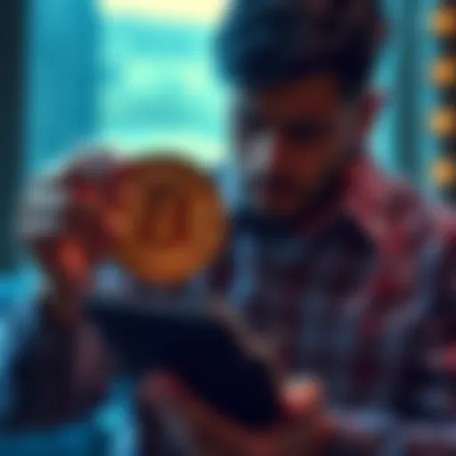 A worried person looking at a Bitcoin symbol while holding an empty wallet, representing financial struggle due to lack of knowledge.