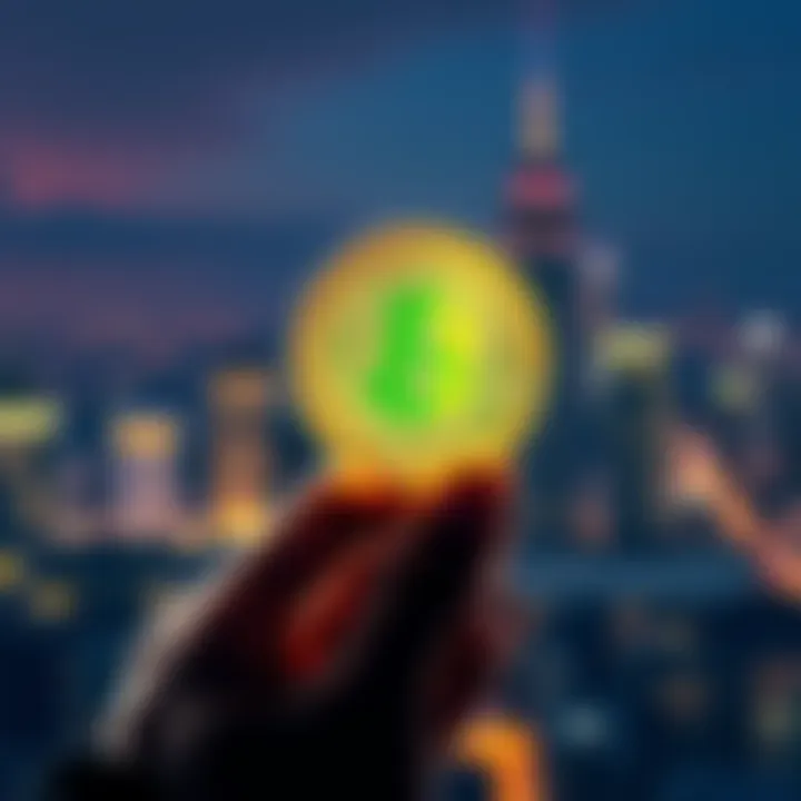 A person holding a physical Bitcoin with a city skyline in the background, symbolizing its importance in the economy.
