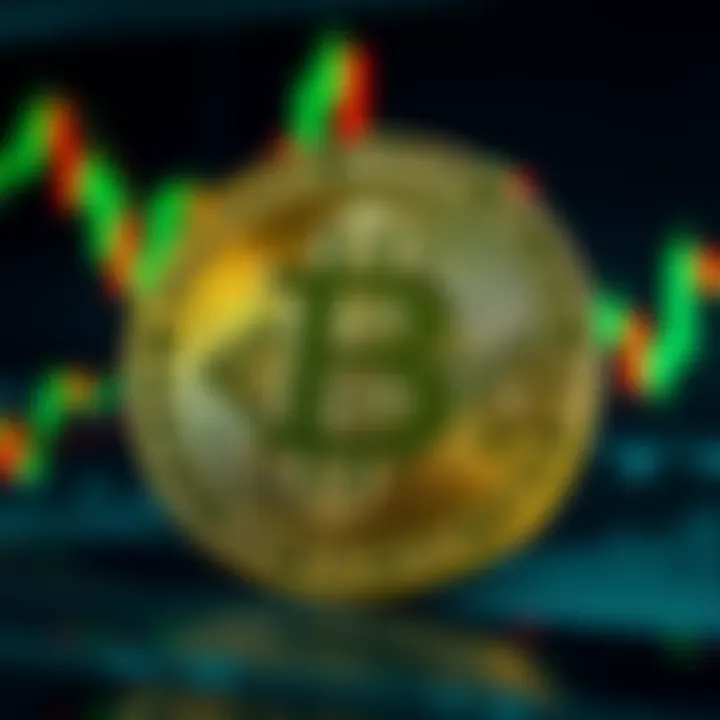 Bitcoin symbol with fluctuating graph A Bitcoin symbol with a background showing a fluctuating financial graph, highlighting instability.